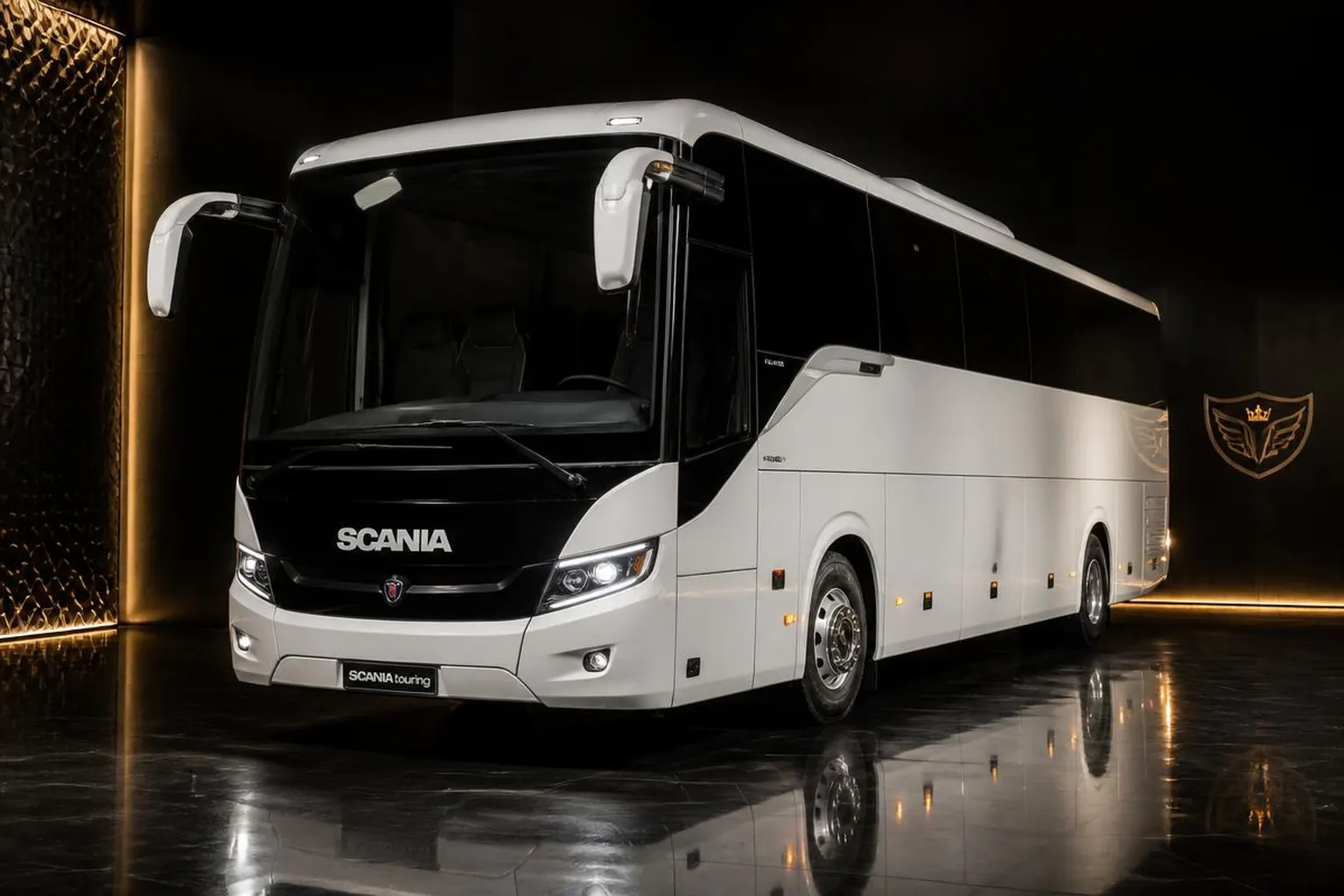 White Scania Touring 45-seater coach for bus charter in Singapore