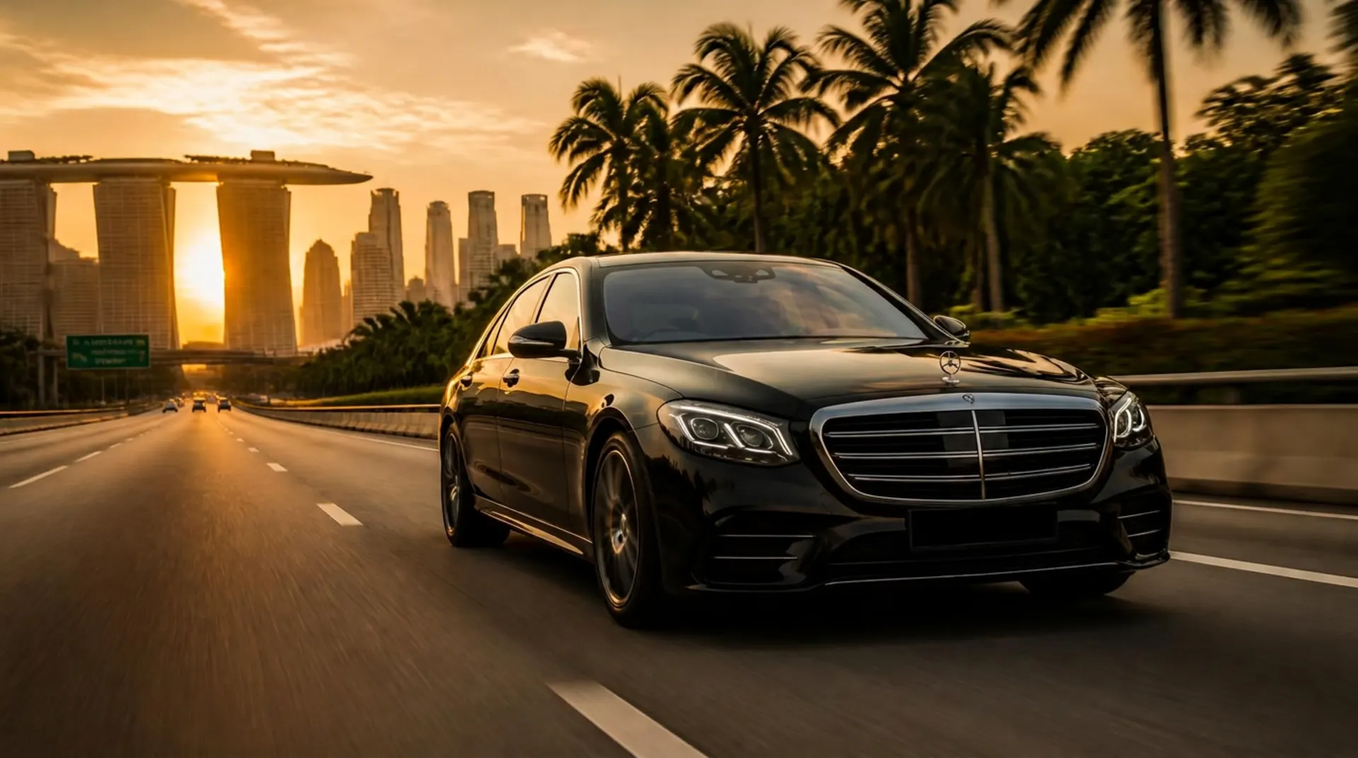 Black Mercedes-Benz S-Class on a Singapore expressway representing premium chauffeur services